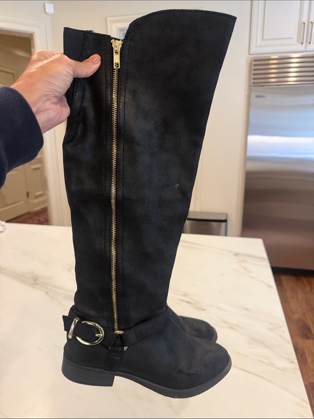 Black Knee-High Boots with Gold Zip and Buckle size 8